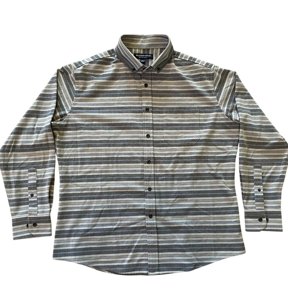Mizzen + Main Classic Stripped Button Down Shirt Gray Blue size L